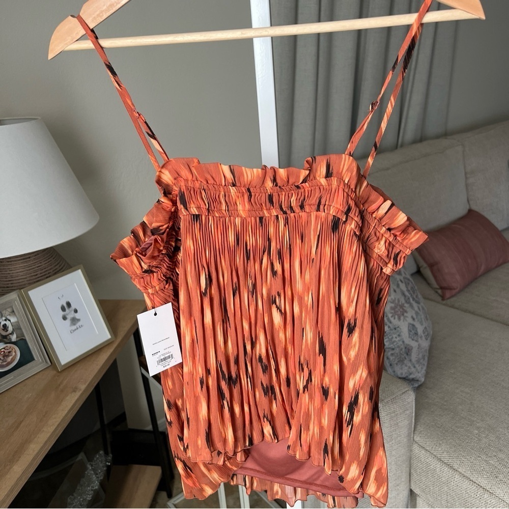 NINE WEST M RUST ORANGE BLACK IKAT LEOPARD PLEAT SMOCKED RUFFLE TANK TOP NWT - Picture 8 of 14